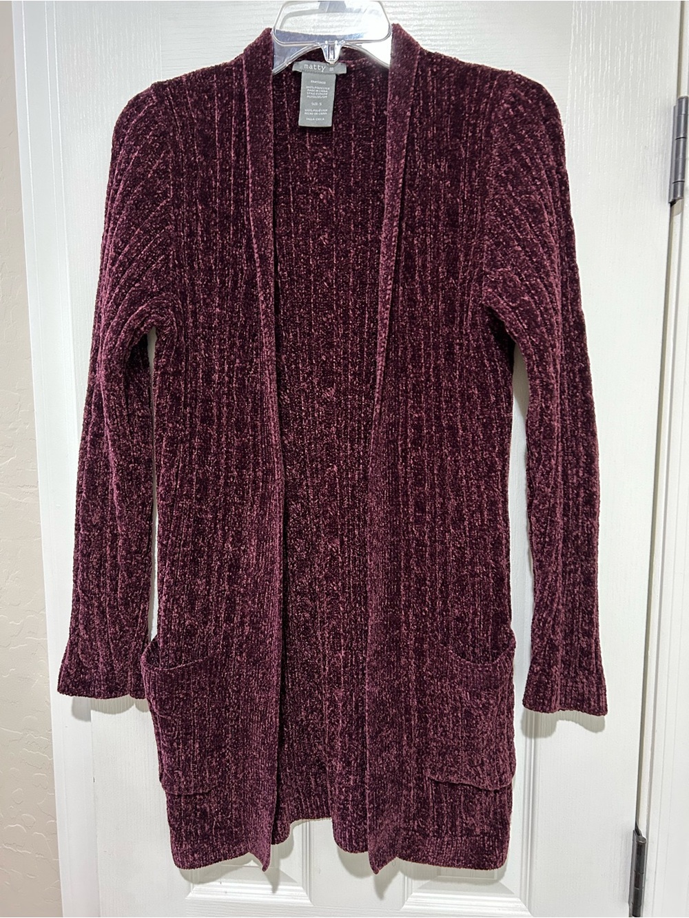 Matty M Burgundy Chenille Open-Front Long Sweater Cardigan LIKE NEW